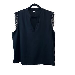 Womens Black Sleeveless Lace Trim V Neck Top Blouse Size XXL